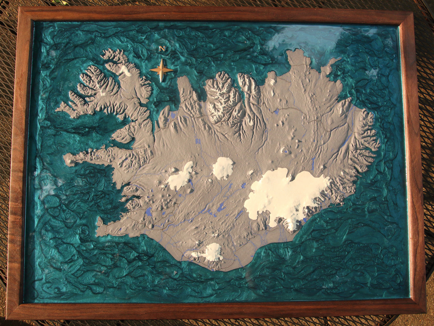 Iceland with resin pour ocean.
Spring snow cover.