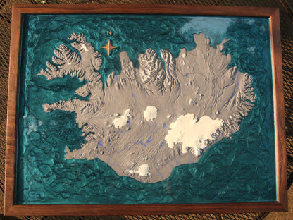 Iceland with resin pour ocean.
Spring snow cover.