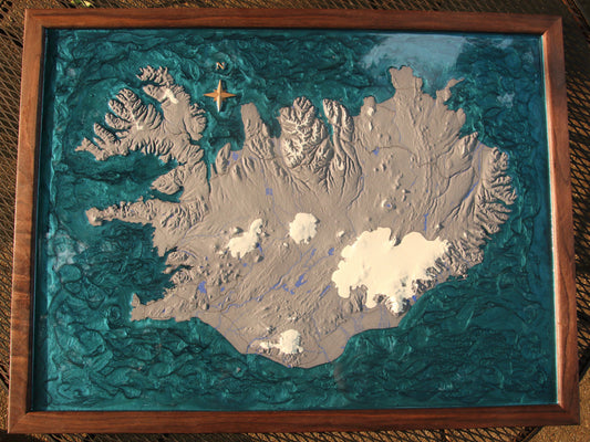 Iceland with resin pour ocean.
Spring snow cover.
